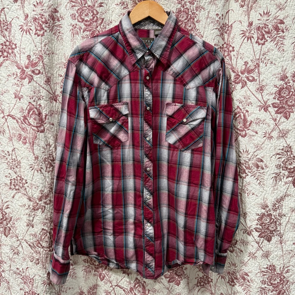 Roper Plaid Western Snap Shirt Red Gray Size Medium